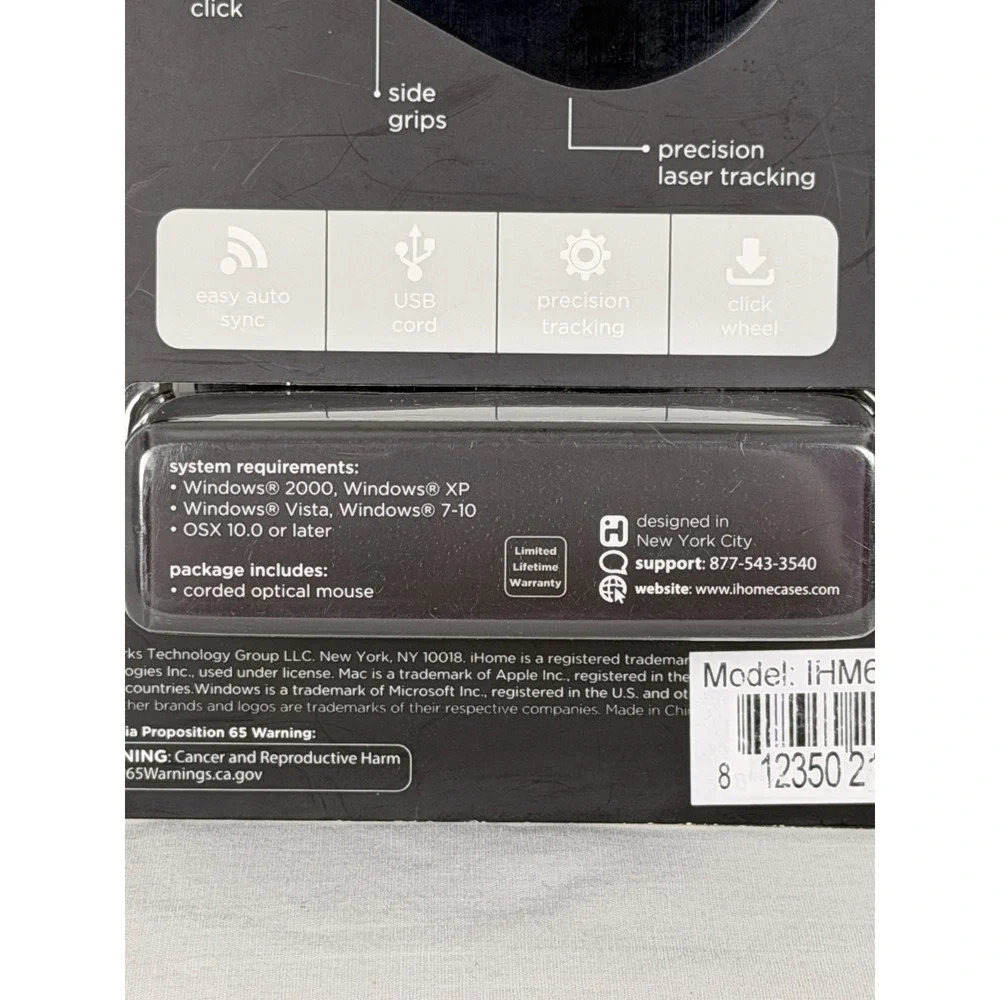 iHome 3 Button USB Optical Mouse Black Corded PC Mac NEW